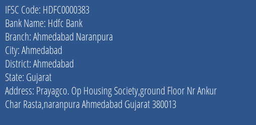 Hdfc Bank Ahmedabad Naranpura Branch IFSC Code