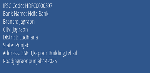 Hdfc Bank Jagraon Branch Ludhiana IFSC Code HDFC0000397