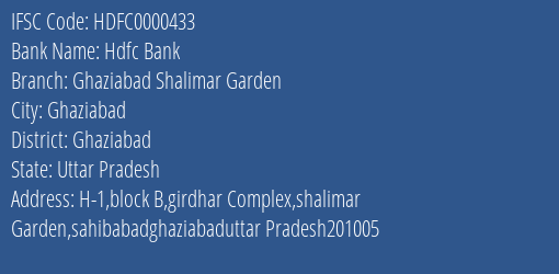 Hdfc Bank Ghaziabad Shalimar Garden Branch Ghaziabad IFSC Code HDFC0000433