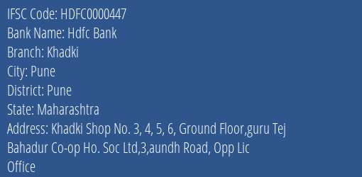 Hdfc Bank Khadki Branch, Branch Code 000447 & IFSC Code HDFC0000447
