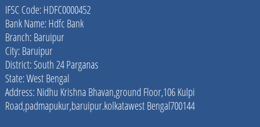 Hdfc Bank Baruipur Branch, Branch Code 000452 & IFSC Code HDFC0000452