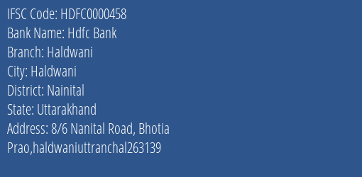 Hdfc Bank Haldwani Branch, Branch Code 000458 & IFSC Code Hdfc0000458