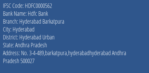 Hdfc Bank Hyderabad Barkatpura Branch, Branch Code 000562 & IFSC Code HDFC0000562