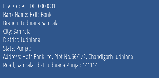 Hdfc Bank Ludhiana Samrala Branch Ludhiana IFSC Code HDFC0000801
