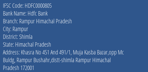 Hdfc Bank Rampur Himachal Pradesh Branch Shimla IFSC Code HDFC0000805
