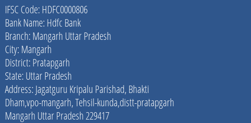 Hdfc Bank Mangarh Uttar Pradesh Branch Pratapgarh IFSC Code HDFC0000806