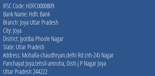 Hdfc Bank Joya Uttar Pradesh Branch Jyotiba Phoole Nagar IFSC Code HDFC0000809