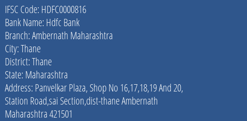 Hdfc Bank Ambernath Maharashtra Branch Thane IFSC Code HDFC0000816