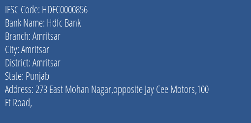 Hdfc Bank Amritsar Branch Amritsar IFSC Code HDFC0000856