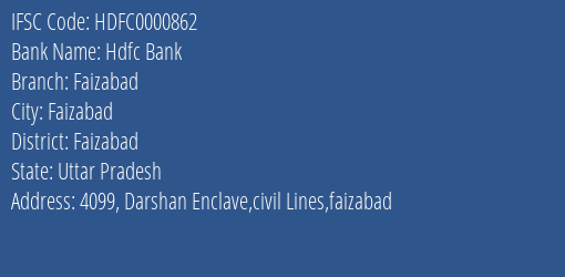 Hdfc Bank Faizabad Branch, Branch Code 000862 & IFSC Code Hdfc0000862