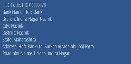 Hdfc Bank Indira Nagar Nashik Branch Nashik IFSC Code HDFC0000878