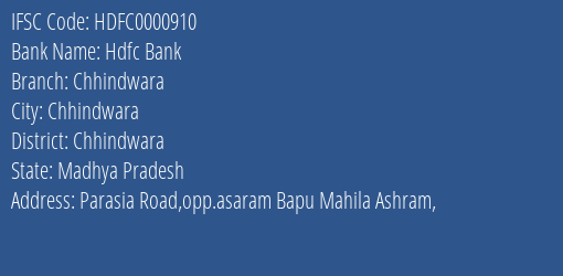 IFSC Code hdfc0000910 of Hdfc Bank Chhindwara Branch