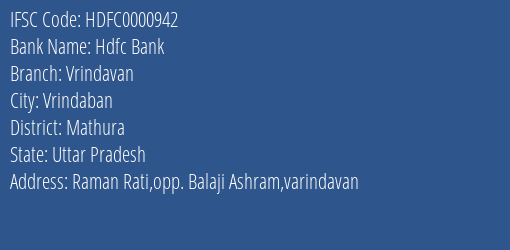 Hdfc Bank Vrindavan Branch Mathura IFSC Code HDFC0000942