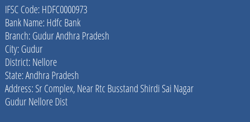 Hdfc Bank Gudur Andhra Pradesh, Nellore IFSC Code HDFC0000973