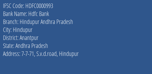 Hdfc Bank Hindupur Andhra Pradesh Branch Anantpur IFSC Code HDFC0000993
