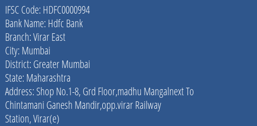 Hdfc Bank Virar East Branch Greater Mumbai IFSC Code HDFC0000994