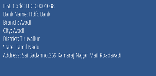 Hdfc Bank Avadi Branch Tiruvallur IFSC Code HDFC0001038