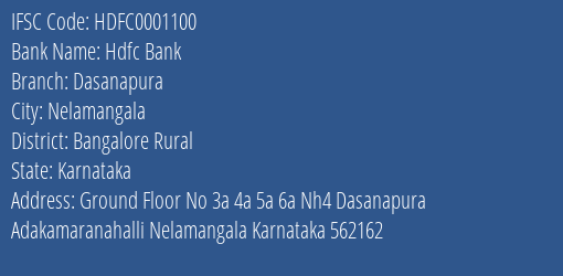 Hdfc Bank Dasanapura Branch Bangalore Rural IFSC Code HDFC0001100