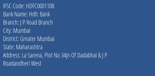 Hdfc Bank J P Road Branch Branch Greater Mumbai IFSC Code HDFC0001108