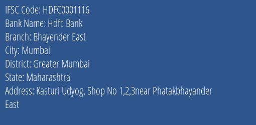 Hdfc Bank Bhayender East Branch Greater Mumbai IFSC Code HDFC0001116
