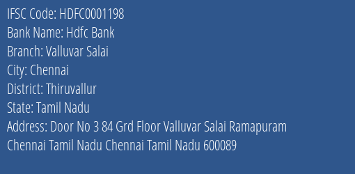 Hdfc Bank Valluvar Salai Branch, Branch Code 001198 & IFSC Code HDFC0001198