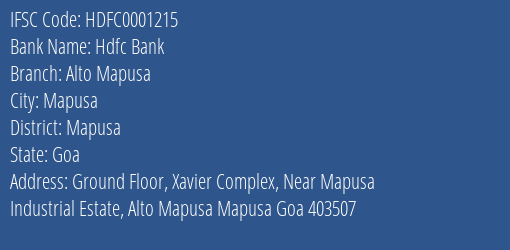 Hdfc Bank Alto Mapusa Branch Mapusa IFSC Code HDFC0001215