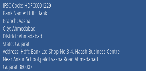 Hdfc Bank Vasna Branch, Branch Code 001229 & IFSC Code HDFC0001229