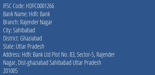 Hdfc Bank Rajender Nagar Branch Ghaziabad IFSC Code HDFC0001266