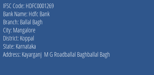 Hdfc Bank Ballal Bagh Branch, Branch Code 001269 & IFSC Code HDFC0001269