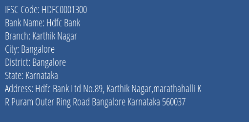 Hdfc Bank Karthik Nagar Branch Bangalore IFSC Code HDFC0001300