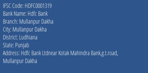 Hdfc Bank Mullanpur Dakha Branch Ludhiana IFSC Code HDFC0001319