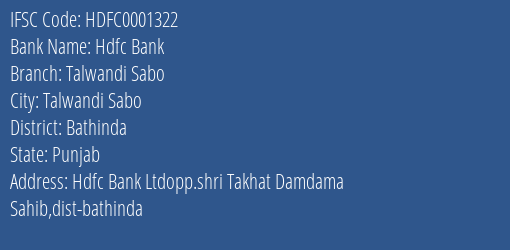 Hdfc Bank Talwandi Sabo Branch Bathinda IFSC Code HDFC0001322