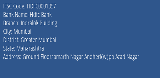Hdfc Bank Indralok Building Branch Greater Mumbai IFSC Code HDFC0001357