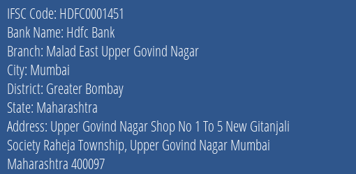 Hdfc Bank Malad East Upper Govind Nagar Branch, Branch Code 001451 & IFSC Code HDFC0001451