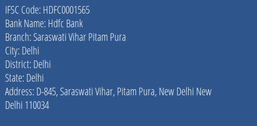 Hdfc Bank Saraswati Vihar Pitam Pura Branch Delhi IFSC Code HDFC0001565