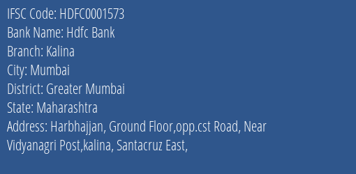 Hdfc Bank Kalina Branch Greater Mumbai IFSC Code HDFC0001573