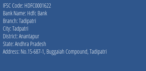 Hdfc Bank Tadipatri Branch Anantapur IFSC Code HDFC0001622