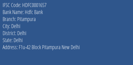 Hdfc Bank Pitampura Branch Delhi IFSC Code HDFC0001657