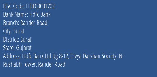 Hdfc Bank Rander Road Branch Surat IFSC Code HDFC0001702