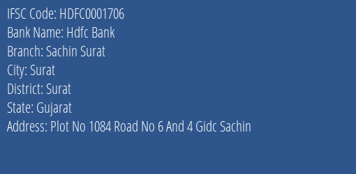 Hdfc Bank Sachin Surat Branch Surat IFSC Code HDFC0001706