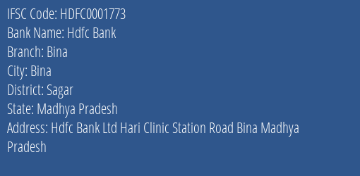 Hdfc Bank Bina Branch Sagar IFSC Code HDFC0001773