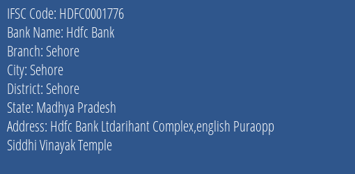 Hdfc Bank Sehore Branch, Branch Code 001776 & IFSC Code Hdfc0001776