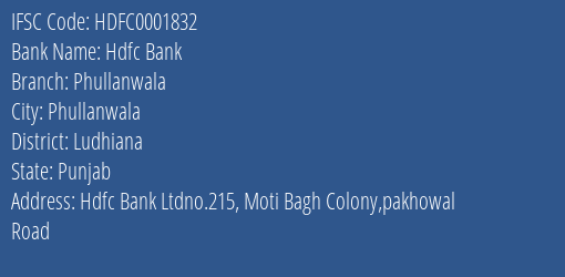 Hdfc Bank Phullanwala Branch Ludhiana IFSC Code HDFC0001832