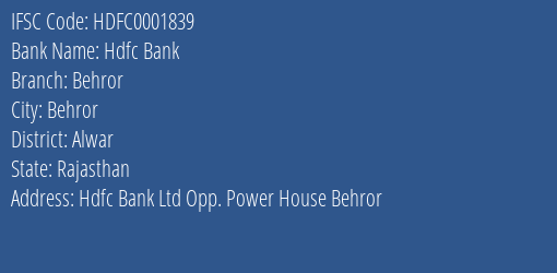 Hdfc Bank Behror Branch Alwar IFSC Code HDFC0001839