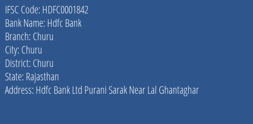 Hdfc Bank Churu Branch Churu IFSC Code HDFC0001842