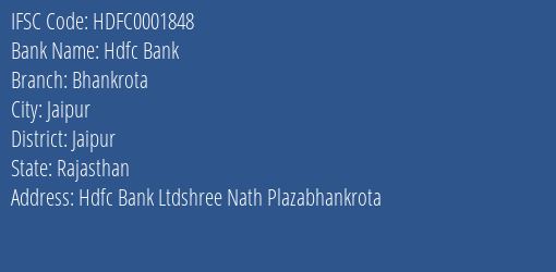Hdfc Bank Bhankrota Branch Jaipur IFSC Code HDFC0001848