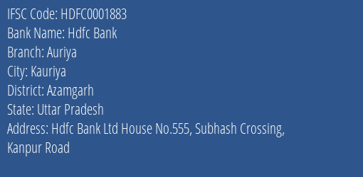 Hdfc Bank Auriya Branch Azamgarh IFSC Code HDFC0001883