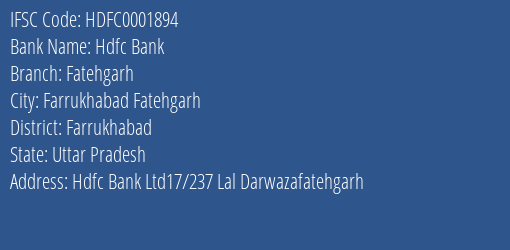 Hdfc Bank Fatehgarh Branch Farrukhabad IFSC Code HDFC0001894
