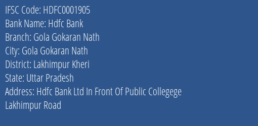 Hdfc Bank Gola Gokaran Nath Branch Lakhimpur Kheri IFSC Code HDFC0001905
