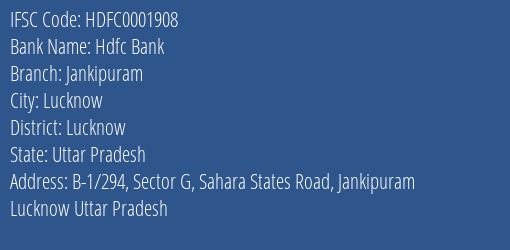 Hdfc Bank Jankipuram Branch Lucknow IFSC Code HDFC0001908